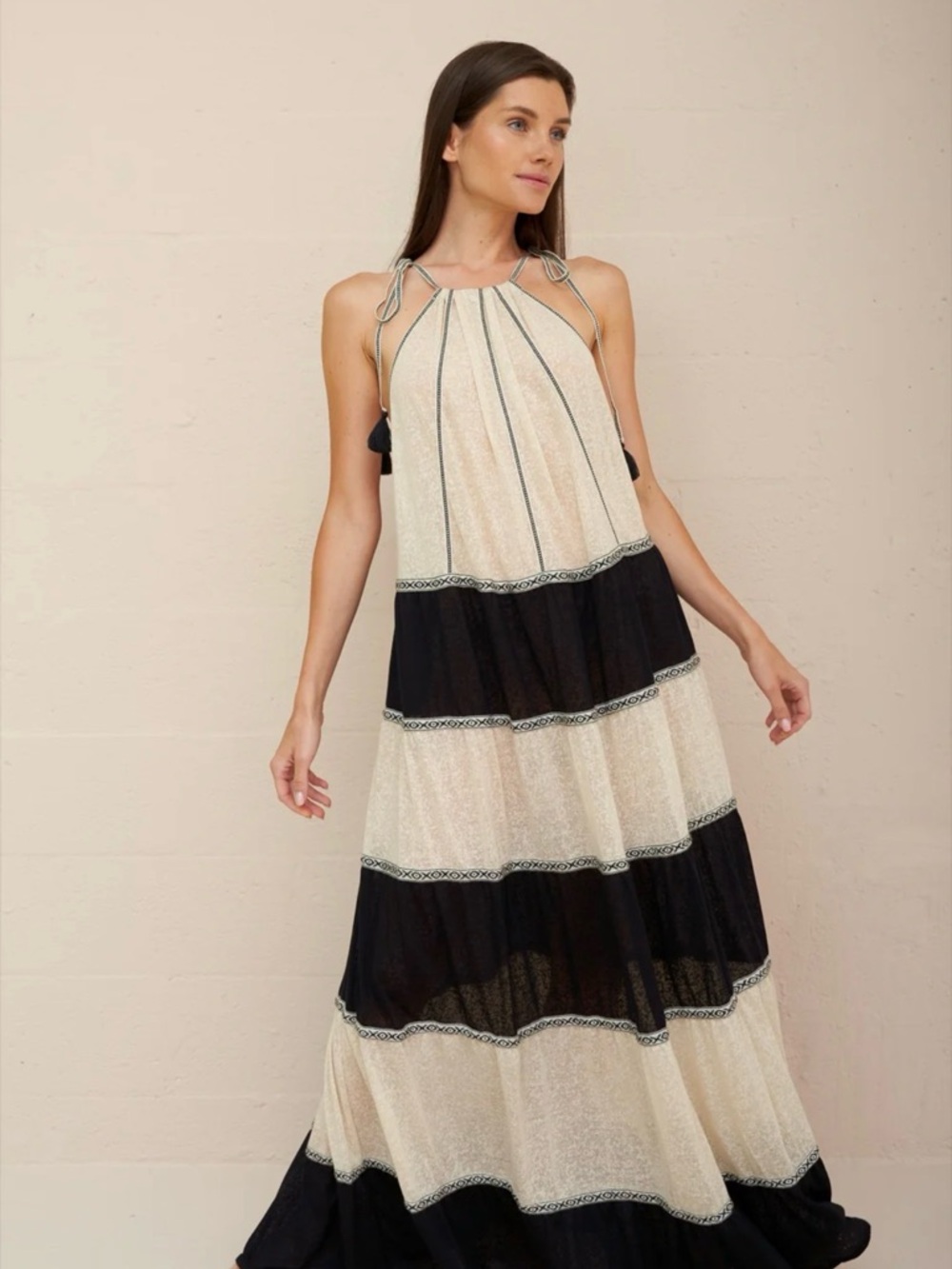 Pitusa Black & Cream Striped Tiered Halter Maxi Dress